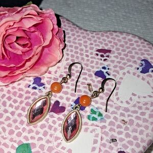 Pink Marquise Stone Drop Earrings w/ Orange Bead (Goldtone)